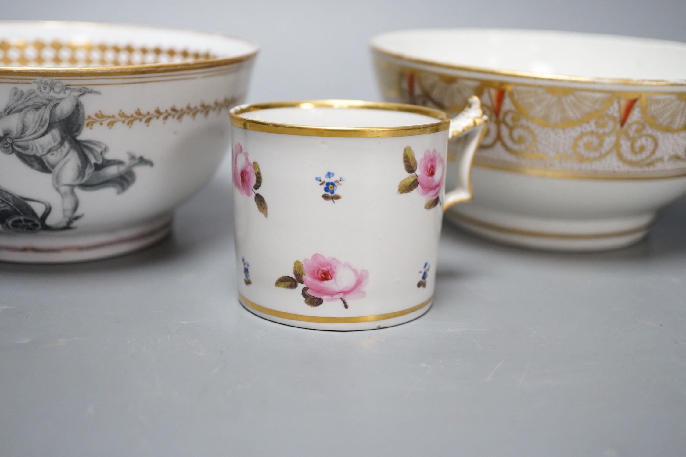 An interesting Regency porcelain bowl printed with two chariots, one pulled by sheep having a man perhaps from the aristocracy of the time, the other side with a woman in the chariot pulled by two birds, a Barr Worcester